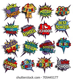 Back to School in comic speech bubbles, pop art style. Education concept. Comic dialog cloud, space cartoon. Set memphis school comic bubble halftone dot. Creative idea conversation explosion balloon