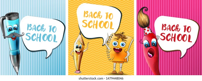 Back to school comics cartoon characters Vector. Notebook pen and ruler funny characters illustration watercolor style