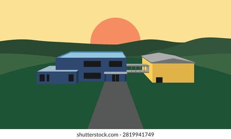 Back To School Commercial office building complex at sunset with green landscape, real estate