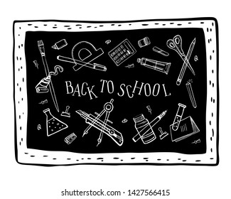 Back to school composition. Blackboard with school stationery. Hand drawn outline doodle sketch vector illustration. Black on white background