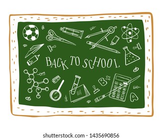 Back to school composition. Green blackboard with school items. Hand drawn outline doodle sketch vector illustration on white background