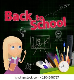 Back to school composition with many pencils and pen on green chalkboard. Vector design template and  stationery for education. The schoolgirl is thinking over the task