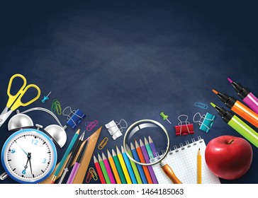 Back to school composition with stationary alarm clock apple on black chalk board background realistic vector illustration