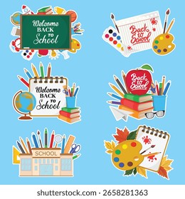 Pegatinas de composición de regreso a la escuela con útiles escolares y Elementos en colores vibrantes perfectas para planificadores, cuadernos y decoración educativa