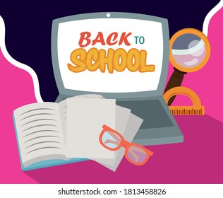 de vuelta a la escuela, protractor de gafas de libros de computadora y ilustración vectorial de la educación elemental ampliadora