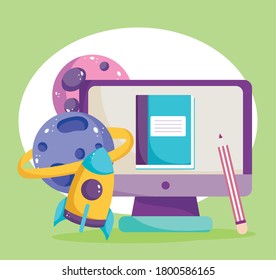de vuelta a la escuela, planetas de libros de computadora de papel de cohetes de ciencias de la educación elemental cartoon ilustración vectorial