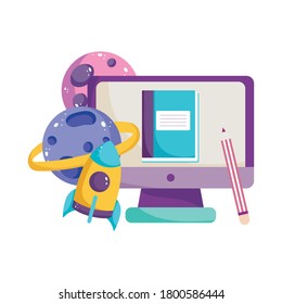 back to school, computer book pencil planets rocket science elementary education cartoon vector illustration