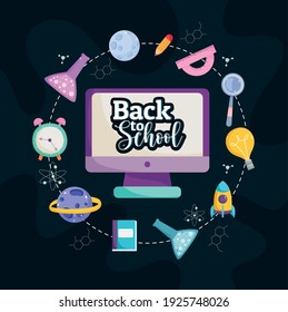 Back To School Computer Book Test Tube Pencil Book Supplies Cartoon Vector Illustration