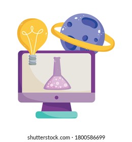 back to school, computer chemistry flask planet science elementary education cartoon vector illustration