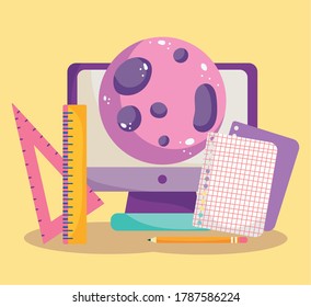 back to school, computer planet paper and ruler elementary education cartoon vector illustration