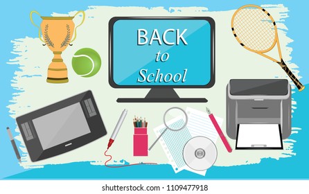 Back to school - computer, tablet, printer, tennis racket, sports cup - abstract grunge background - vector illustration.