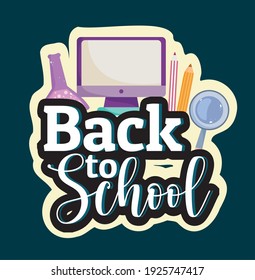 Back to School computer test tube pencil and magnifier vector illustration