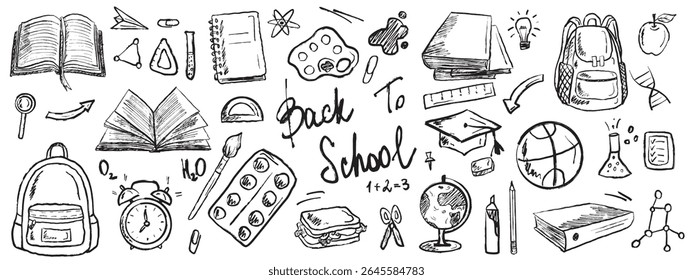 Back to school concept. 1st September. Stationery equipment in black brush stroke texture isolated on white. Hand drawn vector sketch illustration in vintage charcoal ink. Books, backpack