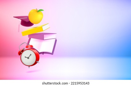 Back to school concept with 3d elements. 3d vector banner with holographic effect