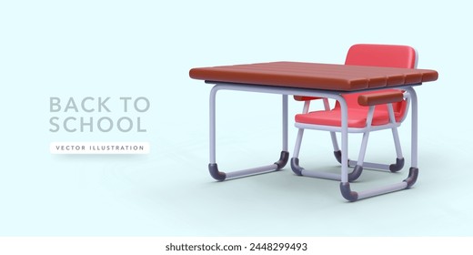 Back to school concept with 3d realistic table and chair isolated on light background. Vector illustration