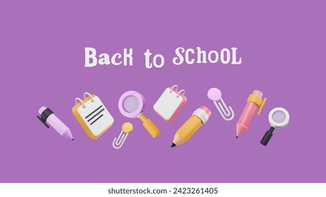 Back to school concept with 3d stationery supplies in pastel purple, pink, yellow colors. Border arrangement of pen, pencil, magnifier, copybook, paper clip. Vector illustration with plastic elements