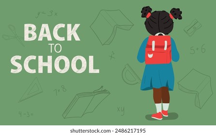 Back to school concept. African american schoolgirl with stationery and books. Back view of girl with red backpack.