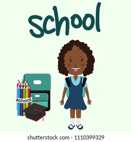 Back to school concept. Afro-American pupil with backpack. Vector illustration