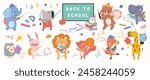 Back to School concept animal vector set. Collection of adorable wildlife, rabbit, squirrel, bear, fox, elephant. School with funny animal character illustration for greeting card, kids, education.