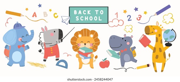 Back to School concept animal vector set. Collection of adorable wildlife, elephant, zebra, lion, hippo, giraffe. School with funny animal character illustration for greeting card, kids, education.