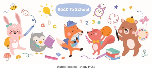 Conjunto de Vector animal concepto de regreso a la escuela. Colección de la vida silvestre adorable, conejo, ardilla, oso, zorro, pájaro. Escuela con divertida ilustración de personaje animal para tarjeta de felicitación, niños, educación.