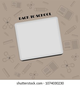 Back to school concept background with cute icons of pencil, ruler, scissors, book and space place for text or copy, 