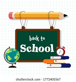 De vuelta al concepto de escuela decorativo con varios diseños planos de papelería escolar. La plantilla de elemento de diseño se puede utilizar para banner, fondo, fondo de pantalla, ilustración vectorial