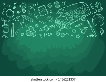 Back to School concept background with doodles. Green school board. Vector illustration