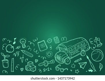 Back to School concept background with doodles. Green school board. Vector illustration