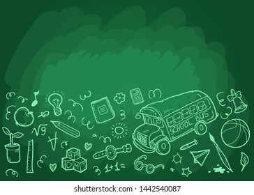 Back to School concept background with doodles. Green school board. Vector illustration