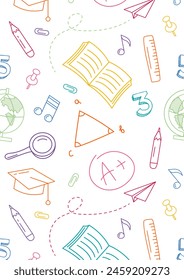 Back to School. Concept of school background. Seamless pattern with doodles. Background with school supplies. Elements are drawn in linear style. Vertical banner. Vector illustration