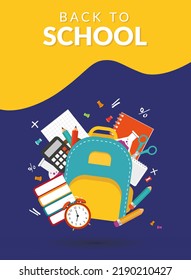 Back to school concept. School backgrounds. Backpack, books, pencils, magnifier, alarm clock, books, calculator. simple background for a poster, cover, flyer. vector illustration