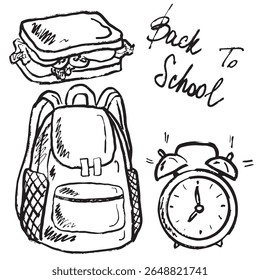 Back to school concept. Backpack, alarm clock and sandwich in black brush stroke texture isolated on white. Hand drawn vector sketch illustration in vintage charcoal ink. Etching drawing