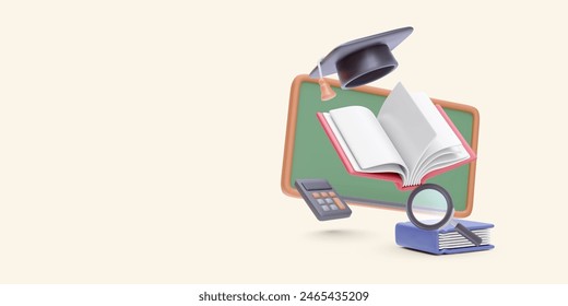 Back to school concept banner in 3d realistic style with book, blackboard, calculator, magnifying, graduate cap. Vector illustration