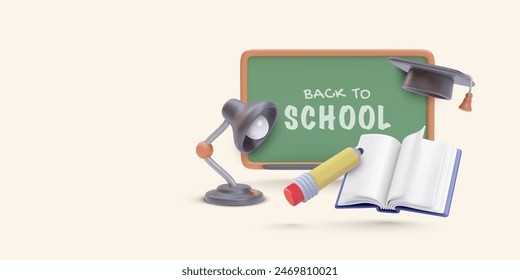 Back to school concept banner in 3d realistic style with book, blackboard, lamp, pencil, graduation cap. Vector illustration