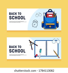 Back to school concept banner background decorative with various school stationery flat design, vector illustration
