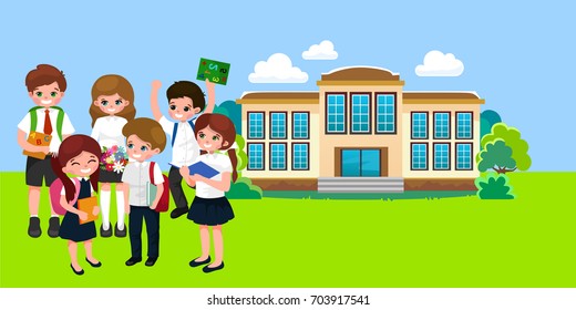 Back to school concept for banner, Children stand near building and happy at beginning of the education year, students with backpacks and in uniform entered college vector illustration