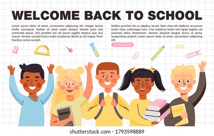 Back to school concept banner with copy space. Elementary school students different ethnicities with books, backpacks and stationery. Happy children go to school. Vector template.