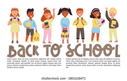 Banner de concepto de regreso a la escuela con espacio para copiar. Estudiantes de primaria de diferentes etnias con libros y mochilas. Niños felices van a la escuela. Ilustración vectorial con letras creativas.