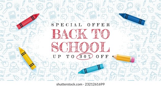Banner de regreso a la escuela con fondo de doodle y lápiz 3D de dibujos animados. Ilustración del vector