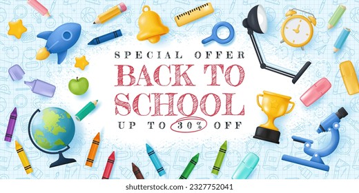 Zurück zu School Concept Banner mit doodle Hintergrund und Cartoon-3D-Elemente. Vektorgrafik-Vorlage