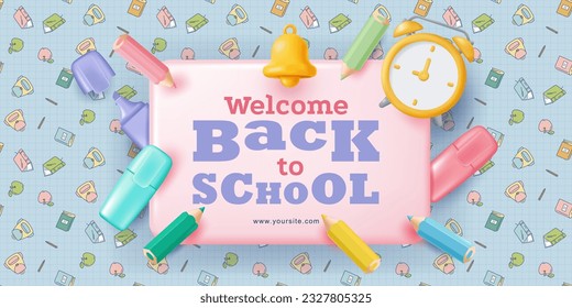 Back to School Concept Banner with doodle background and 3D pencils and markers. Vector template in realistic style