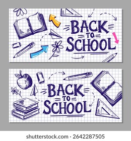 Back to School Concept Banner doodles on notebook sheets. Vector illustrations