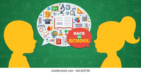 Back to School Concept Banner with Girl and Boy Pupils. Flat design Vector illustration. Speech Bubble with Educational Icons, Open Book.