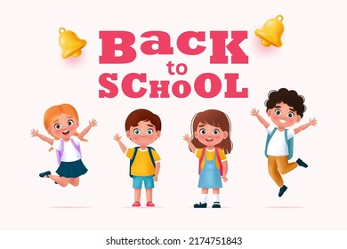 Back to school concept banner, happy school children. Vector illustration in cartoon 3D style