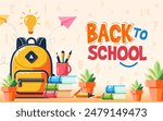 Back to school concept banner illustration. School backpack with stationery and the unique typography Back to school on the bright background. Vector illustration