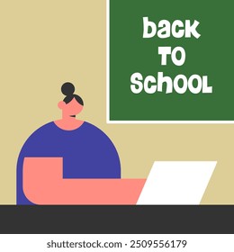 Back to school concept banner illustration. Schoolgirl working on laptop with unique Back to school typography on school board. Flat vector illustration.