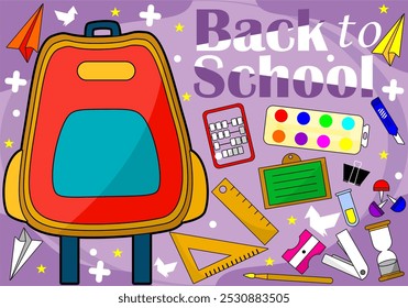 Back to school concept banner illustration. School backpack with stationery and the unique typography Back to school on the bright background. Vector illustration