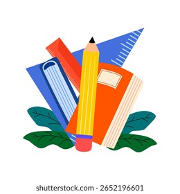 Back to school concept banner illustration.Stationery, ruler and Books, and Back to school writing on checkered notebook sheet background.Vector illustration	
