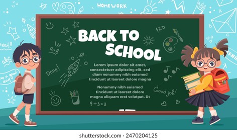 Concepto de regreso a la escuela. Anuncio escolar, cartel con útiles escolares y niños lindos en el fondo de una pizarra verde con diferentes doodle iconos científicos, Ilustración vectorial para el diseño